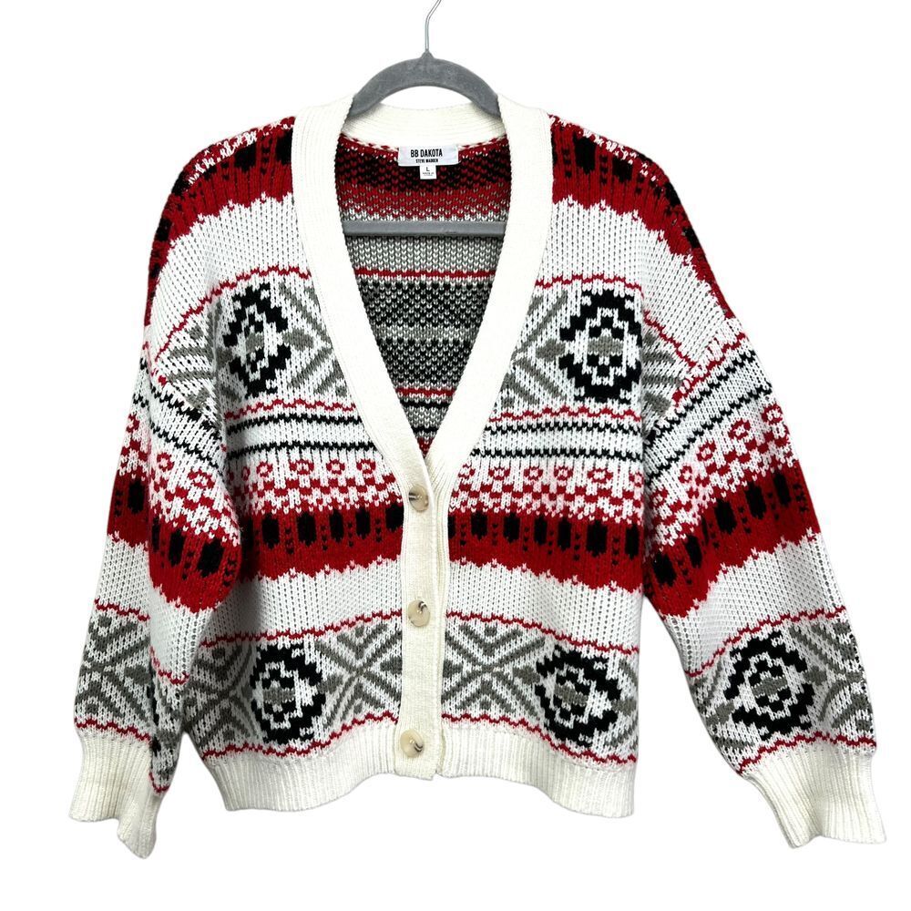 BB Dakota Steve Madden Women Fair Isle Cardigan Sweater Button Up Cream Red L*